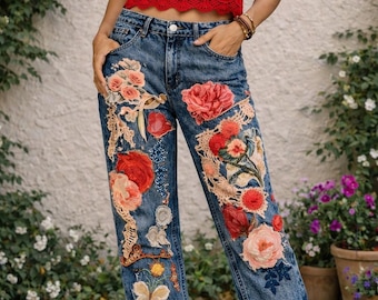 Boho Lace & Floral Jeans – Artisan Patchwork Denim, Romantic Cottagecore Style, Handmade Boho Pants