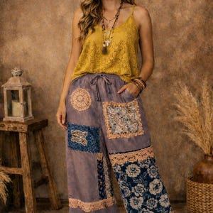 Boho Patchwork Lace Pants, Rustic Wide‑Leg Floral Pants, Upcycled Boho Patchwork Trousers
