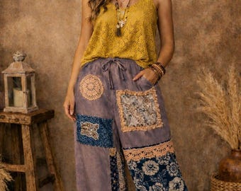 Boho Patchwork Lace Pants, Rustic Wide‑Leg Floral Pants, Upcycled Boho Patchwork Trousers