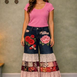 May include: A pink short-sleeved scoop neck t-shirt paired with dark blue denim jeans featuring embroidered red and pink roses, a small patch, and wide, multi-layered ruffled pant legs made of various floral and patterned fabric strips.