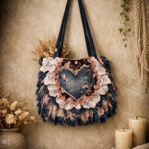 May include: A denim tote bag featuring a central distressed heart-shaped patch, surrounded by layers of ruffled cream lace and frayed dark blue fabric strips. The bag includes two long denim shoulder straps and a small decorative bow detail.
