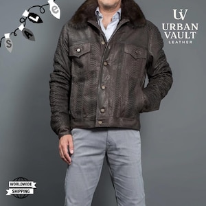 Men’s Snakeskin Leather Jacket with Fur Collar | Luxury Python Style Coat | Brown Winter Jacket