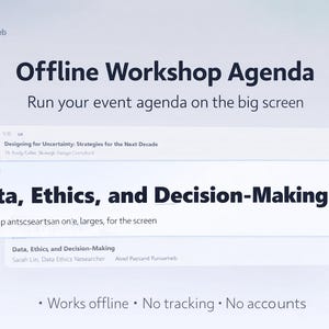 Può includere: Un display digitale con il testo "Offline Workshop Agenda" e "Run your event agenda on the big screen." L'ordine del giorno include "Data, Ethics, and Decision-Making." L'immagine include anche il testo "Works offline. No tracking. No accounts."
