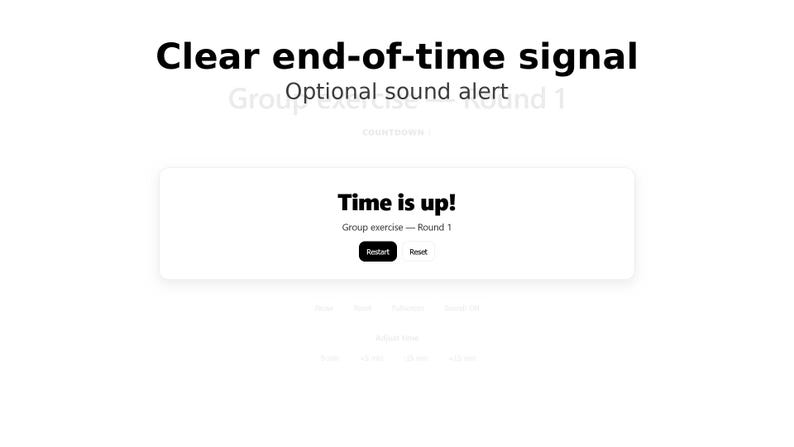 Op de afbeelding: Een digitale interface met de tekst "Clear end-of-time signal" en "Time is up!" in zwarte letters. De interface bevat de knoppen "Restart" en "Reset". De achtergrond is wit.