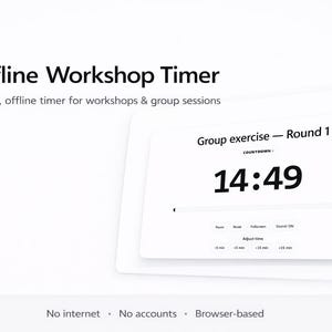 Op de afbeelding: Een witte digitale timer met "Group exercise - Round 1" en een aftelling van 14:49. De tekst "Offline Workshop Timer" en "Simple, offline timer for workshops & group sessions" staan bovenaan. De tekst onderaan luidt "No internet &bull; No accounts &bull; Browser-based".
