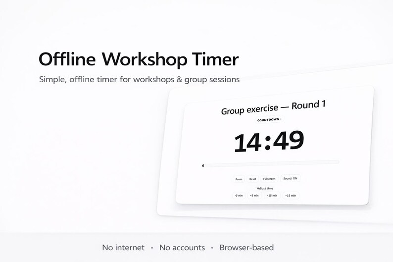 Op de afbeelding: Een witte digitale timer met "Group exercise - Round 1" en een aftelling van 14:49. De tekst "Offline Workshop Timer" en "Simple, offline timer for workshops & group sessions" staan bovenaan. De tekst onderaan luidt "No internet &bull; No accounts &bull; Browser-based".