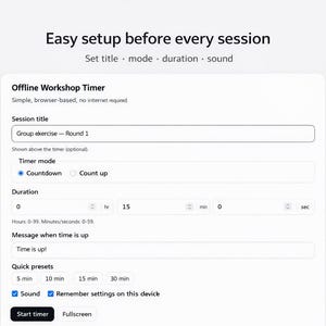 Op de afbeelding: Schermafbeelding van een timer-interface met de tekst "Easy setup before every session". De interface bevat velden voor sessietitel, timermodus en duur. De duur is ingesteld op 15 minuten. Er zijn snelle presets voor 5, 10, 15 en 30 minuten.