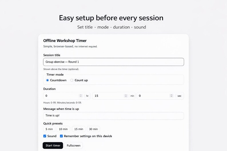 Op de afbeelding: Schermafbeelding van een timer-interface met de tekst "Easy setup before every session". De interface bevat velden voor sessietitel, timermodus en duur. De duur is ingesteld op 15 minuten. Er zijn snelle presets voor 5, 10, 15 en 30 minuten.