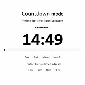 Op de afbeelding: Een digitale timerinterface met de woorden "Countdown mode" en "Perfect for time-boxed activities". De timer geeft 14:49 weer in vette zwarte cijfers. Inclusief pauze-, reset- en fullscreen-opties.