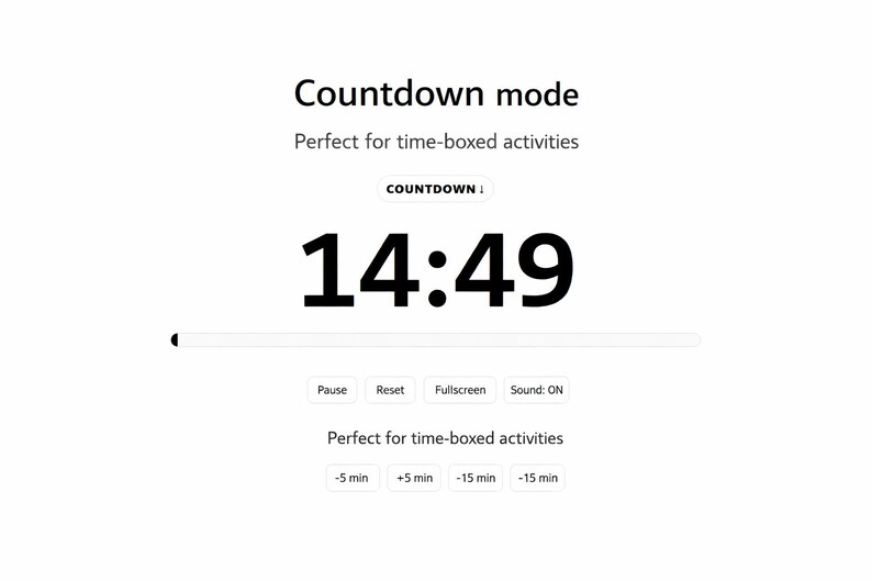 Op de afbeelding: Een digitale timerinterface met de woorden "Countdown mode" en "Perfect for time-boxed activities". De timer geeft 14:49 weer in vette zwarte cijfers. Inclusief pauze-, reset- en fullscreen-opties.