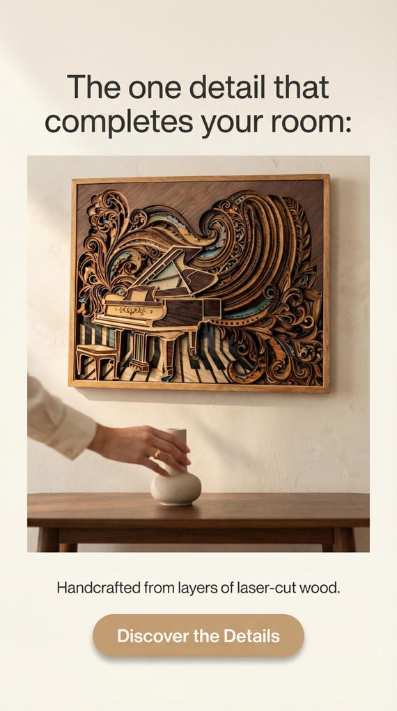 3D Piano Wall Art, Handmade Layered Wood Grand Piano Decor, Music Room Wall Art, Gift for Pianist