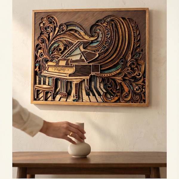 Decoración de pared con temática de piano / Decoración musical en madera laminada / Adorno de pared hecho a mano cortado con láser