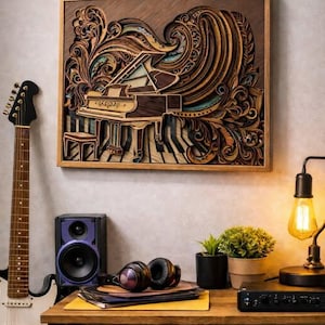 Pu&ograve; includere: Un'opera d'arte in legno incorniciata raffigura un pianoforte a coda con intricati dettagli a strati in tonalit&agrave; marroni e beige. L'opera d'arte &egrave; appesa sopra un tavolo di legno. Sono visibili anche una chitarra in bianco e nero, un altoparlante e delle cuffie.
