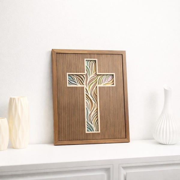 Croce in legno da parete, decorazione cristiana fatta a mano, croce in legno 3D a strati, regalo a tema religioso