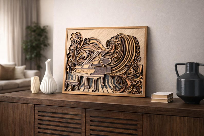 Quadro da parete con pianoforte a coda in legno stratificato, realizzato a mano, ideale per arredare una sala da musica o come regalo per pianisti. immagine 3
