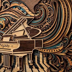 Pu&ograve; includere: Un'opera d'arte in legno a strati raffigurante un pianoforte a coda. L'opera utilizza strati di legno in varie tonalit&agrave; di marrone, turchese e oro per creare un design decorativo e vorticoso. Il tema musicale &egrave; evidenziato.