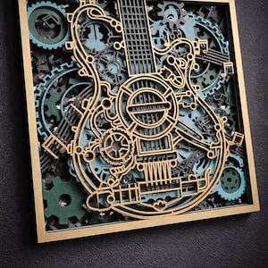 Cuadro de pared Steampunk con guitarra de madera en capas, decoración 3D para sala de música, regalo industrial.