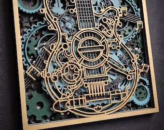 Cuadro de pared Steampunk con guitarra de madera en capas, decoración 3D para sala de música, regalo industrial.