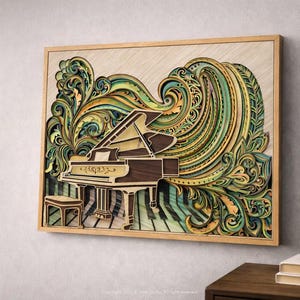 Quadro da parete con pianoforte a coda in legno stratificato, realizzato a mano, ideale per arredare una sala da musica o come regalo per pianisti. immagine 5
