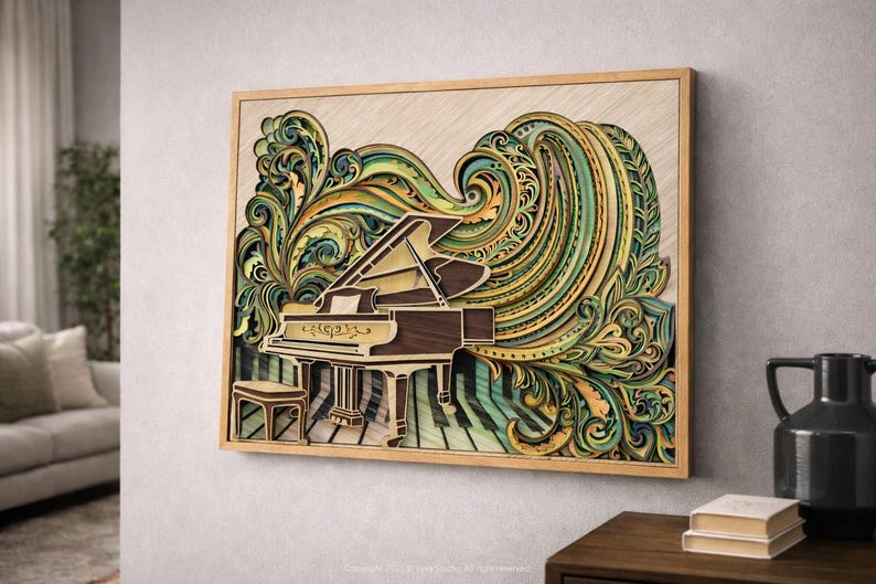 Quadro da parete con pianoforte a coda in legno stratificato, realizzato a mano, ideale per arredare una sala da musica o come regalo per pianisti. immagine 5