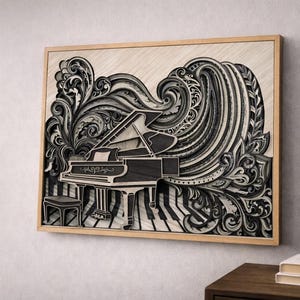 Quadro da parete con pianoforte a coda in legno stratificato, realizzato a mano, ideale per arredare una sala da musica o come regalo per pianisti. immagine 4