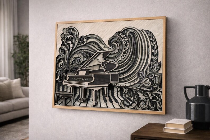 Quadro da parete con pianoforte a coda in legno stratificato, realizzato a mano, ideale per arredare una sala da musica o come regalo per pianisti. immagine 4