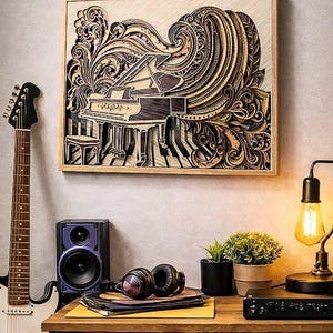 Pu&ograve; includere: Un'opera d'arte in legno incorniciata raffigurante un pianoforte a coda in un design a strati. L'opera d'arte &egrave; nei toni del marrone e del beige, con intricati motivi a vortice. Sono visibili anche una chitarra, un altoparlante, delle cuffie e una lampada.