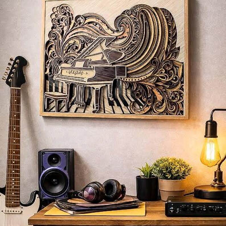 Pu&ograve; includere: Un'opera d'arte in legno incorniciata raffigurante un pianoforte a coda in un design a strati. L'opera d'arte &egrave; nei toni del marrone e del beige, con intricati motivi a vortice. Sono visibili anche una chitarra, un altoparlante, delle cuffie e una lampada.