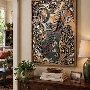 Acoustic Guitar Laser Engrave File, Floral Music Notes Design