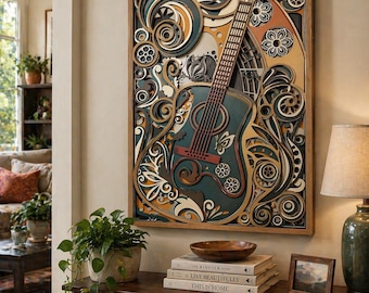 Könnte beinhalten: Mehrschichtiges Wandkunstwerk aus Holz mit Gitarrendesign. Das Kunstwerk zeigt eine türkisfarbene Gitarre mit floralen Akzenten, vor einem Hintergrund aus wirbelnden Mustern in Braun-, Türkis- und Cremetönen. Das Stück ist in einem Naturholzton gerahmt.