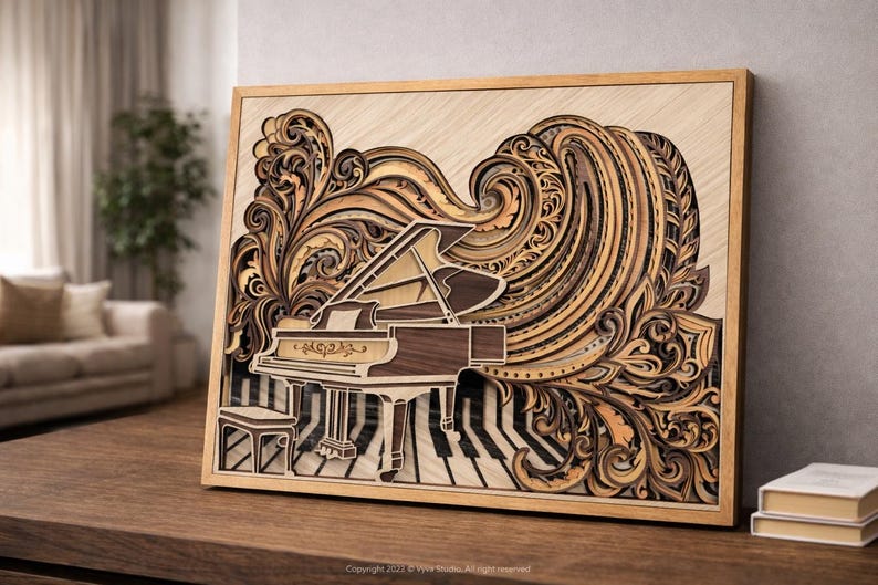Quadro da parete con pianoforte a coda in legno stratificato, realizzato a mano, ideale per arredare una sala da musica o come regalo per pianisti. immagine 2