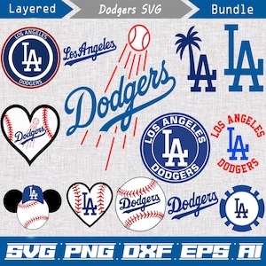 May include: A digital graphic collection featuring Los Angeles Dodgers logos, baseballs, and text elements in blue, red, and white. Designs include circular emblems, heart-shaped baseballs, script lettering, and a palm tree icon with the LA logo.