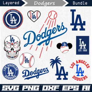 May include: A digital graphic design bundle featuring Los Angeles Dodgers logos, including the LA monogram, baseballs, a skull, a palm tree, and the text Dodgers, EST. 1958, and Layered Dodgers Bundle. The designs use blue, red, and white colors.