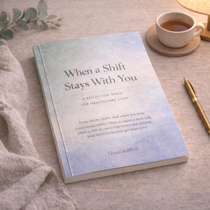 May include: A hardcover book titled "When a Shift Stays With You" with a watercolor-style cover. The book is open, displaying text about healthcare staff. A cup of tea and a pen are also on the table.