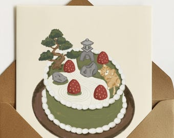 Zen-tuinkat verjaardagskaart | Illustratie matchataart, Japanse esthetiek