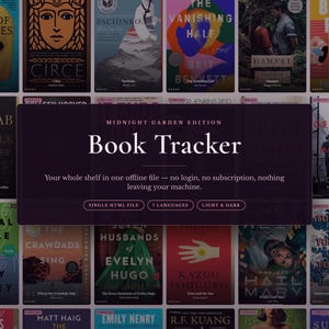 May include: A digital book tracker interface titled Midnight Garden Edition featuring a dark purple overlay with white text. The display includes the text Your whole shelf in one offline file, single HTML file, 7 languages, and light and dark.