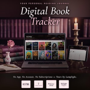 Midnight Garden Book Tracker | Digital Reading Journal · Offline HTML App, No Login · 7 Languages · Dark Academia Gift