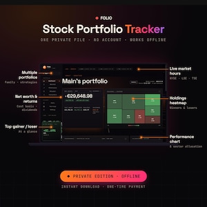 May include: A digital stock portfolio tracker interface displayed on a screen, featuring a dark theme with a holdings heatmap, performance charts, and net worth data. Text includes Folio, Stock Portfolio Tracker, and Private Edition.
