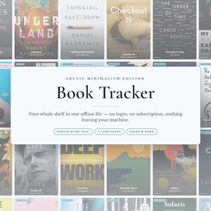 Op de afbeelding: Een digitale boeken-tracker interface getiteld Arctic Minimalism Edition Book Tracker, met een raster van diverse boekomslagen. De centrale witte overlay bevat de tekst: Your whole shelf in one offline file, no login, no subscription.