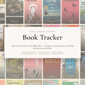 May include: A digital book tracker interface titled Cozy Library Edition Book Tracker, featuring a grid of various classic book covers in the background. The central white rectangular panel displays text about offline file usage, single HTML file, 7 languages, and light and dark mode options.