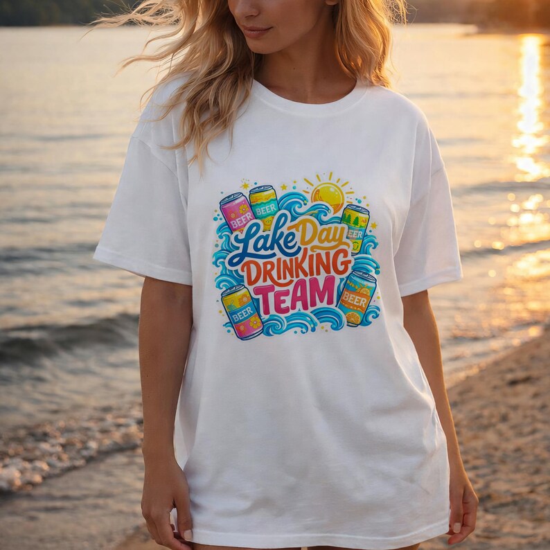 May include: White t-shirt with a colorful graphic that reads "Lake Day Drinking Team." The design includes beer cans, waves, and a sun. The shirt is a casual, short-sleeved style.