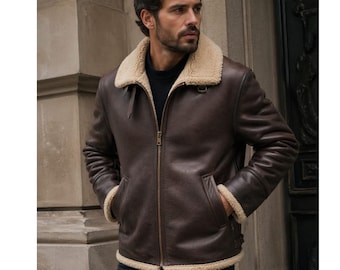 Men’s Black Shearling Leather Jacket Aviator Style Warm Winter Biker Coat Classic Fur Collar Outerwear