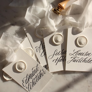 Custom Bridesmaid Hanger Tags with Wax Seal | Personalized Wedding Tags | Bridal Party Gift Tags | Calligraphy Ribbon Tags | Shell Theme