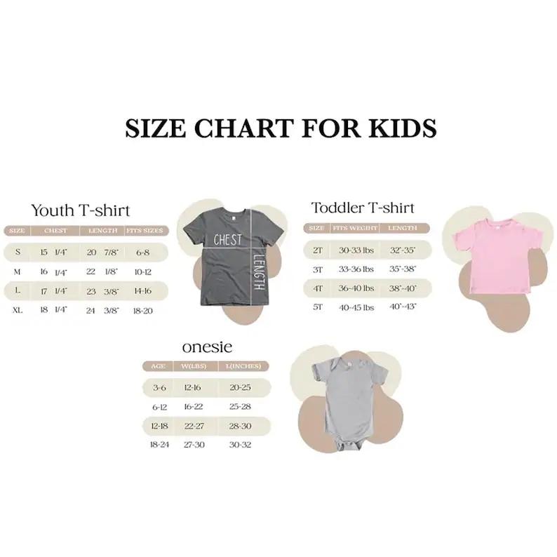May include: A size chart for kids' t-shirts and onesies. The chart includes measurements for chest, length, and fit sizes for youth and toddler t-shirts, as well as onesies. Measurements are in inches and pounds.