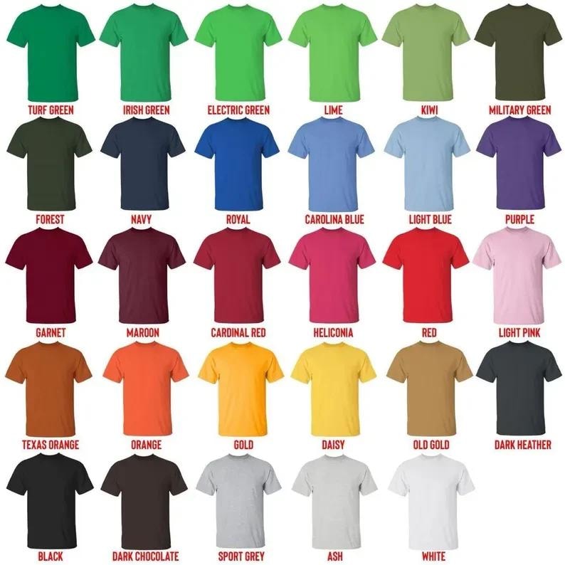 May include: A grid of t-shirts in various colors, including green, blue, red, and yellow. Each shirt has a different color name printed below it, such as "Turf Green," "Navy," and "Orange." The shirts are all short-sleeved.