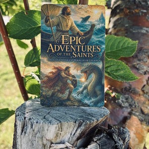 K&ouml;nnte beinhalten: Ein rechteckiger Buchumschlag mit dem Titel Epic Adventures of the Saints: Dragons, Voyages, Miracles & Courage. Das Bild zeigt eine Person in einem Boot auf st&uuml;rmischer See und eine Figur, die mit Schwert und Schild gegen einen Drachen k&auml;mpft.