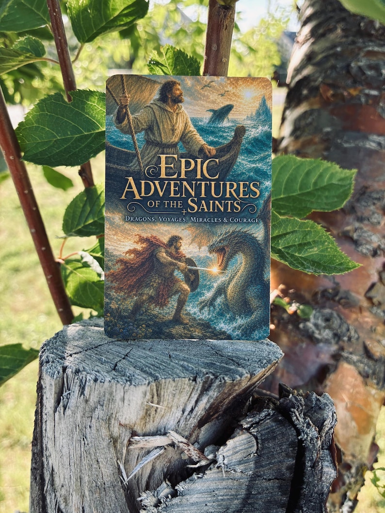 K&ouml;nnte beinhalten: Ein rechteckiger Buchumschlag mit dem Titel Epic Adventures of the Saints: Dragons, Voyages, Miracles & Courage. Das Bild zeigt eine Person in einem Boot auf st&uuml;rmischer See und eine Figur, die mit Schwert und Schild gegen einen Drachen k&auml;mpft.