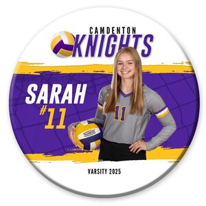 May include: A circular button design with a volleyball theme. It features a photo of a young woman in a volleyball uniform, the text "SARAH #11", and the words "CAMDENTON KNIGHTS" in purple and white. It is a digital Adobe Photoshop template.