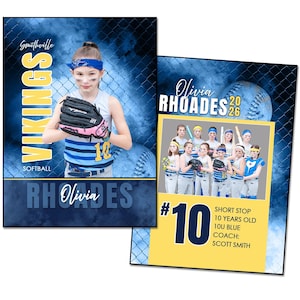 May include: A digital trading card template featuring a softball player in a blue and yellow uniform. The card includes the text "VIKINGS" and "RHOADES", along with player information and team details. The card measures 7 x 9.5 cm.