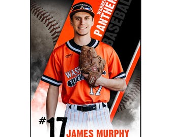May include: A digital Adobe Photoshop template for a 24-inch by 36-inch banner and 12-inch by 18-inch poster featuring a baseball player in an orange jersey with the text Warren Panthers Baseball, number 17, James Murphy, and Senior 2025.